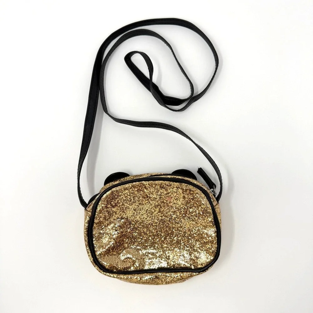 Cat &‎ Jack Cat Face Crossbody Purse Gold Glitter Black Small